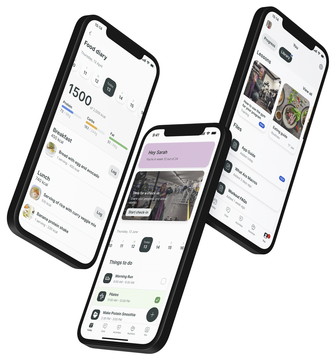 Three phones showing the coaching app: food diary, daily plan and lesson library
