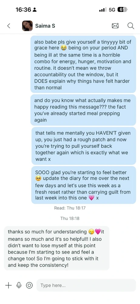 Coaching chat supporting a client through a difficult week
