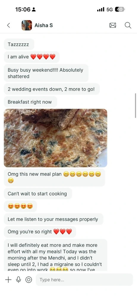 Client message excited about a new meal plan