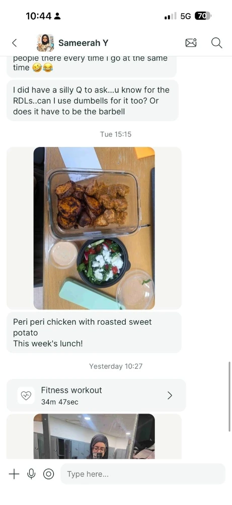 Client sharing a peri peri chicken and sweet potato meal prep