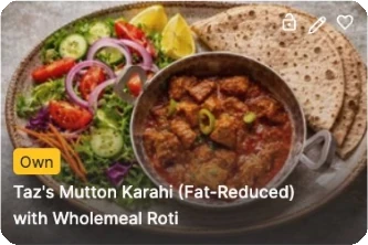 Recipe card from the app: mutton karahi, fat reduced, with wholemeal roti
