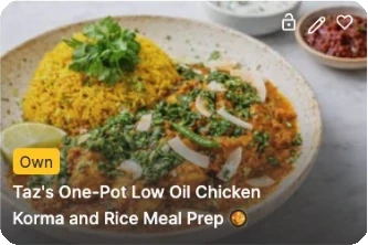 Recipe card from the app: one pot low oil chicken korma and rice meal prep