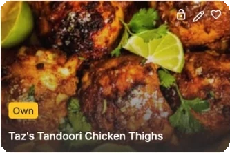 Recipe card from the app: tandoori chicken thighs