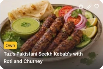 Recipe card from the app: Pakistani seekh kebabs with roti and chutney