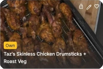 Recipe card from the app: skinless chicken drumsticks and roast veg