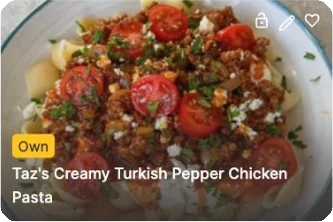 Recipe card from the app: creamy Turkish pepper chicken pasta